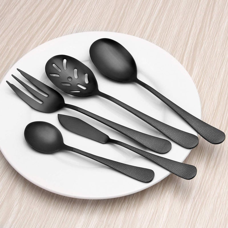 sharecook Matte Black Serving Set, sharecook 5-Piece 18/0 Stainless Steel Large Hostess Set with Round Edge, Satin Finished, Dishwasher Safe -Spoons, Forks,Butter Knife& Slotted Spoon - Image 5